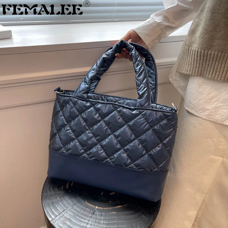Women Top-Handle Bag Retro PU Splicing Quilted Winter Lattice Shoulder Bag