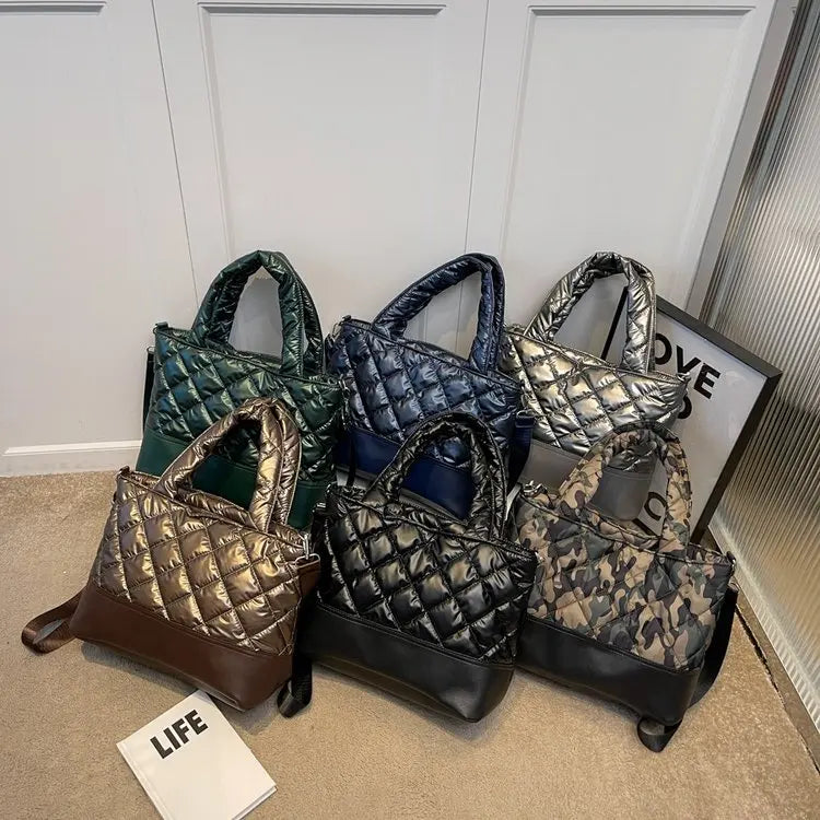 Women Top-Handle Bag Retro PU Splicing Quilted Winter Lattice Shoulder Bag