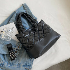Women Top-Handle Bag Retro PU Splicing Quilted Winter Lattice Shoulder Bag