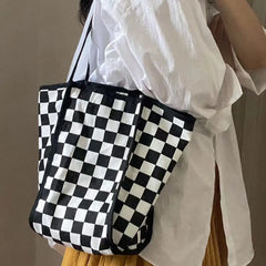 Canvas Plaid Tote Bag for Women Girls