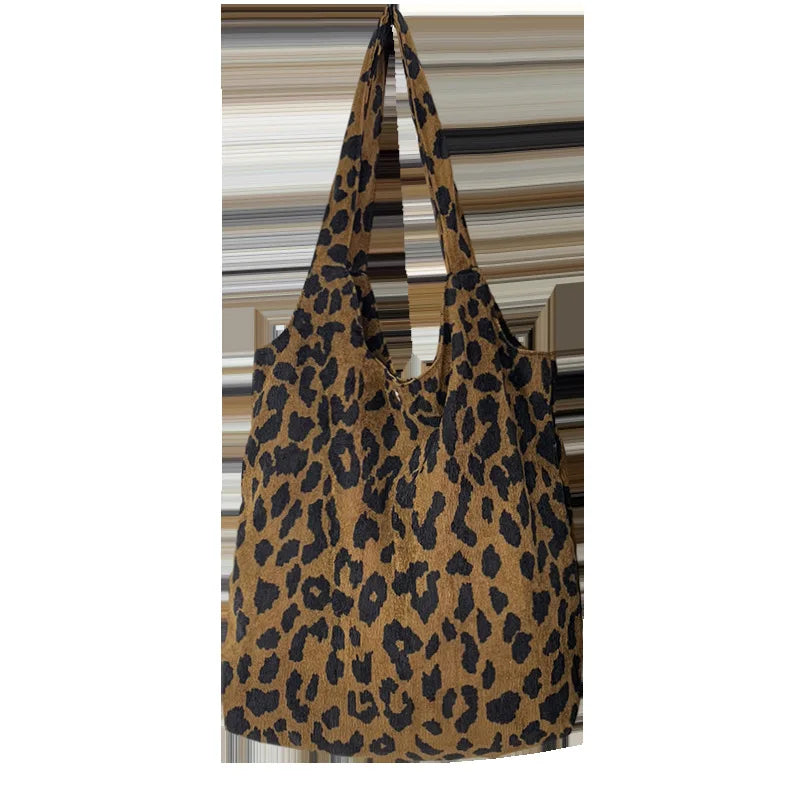 Leopard Corduroy Tote Bag Soft Hasp High-Capacity Handbags