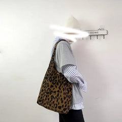 Leopard Corduroy Tote Bag Soft Hasp High-Capacity Handbags