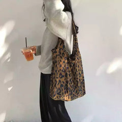 Leopard Corduroy Tote Bag Soft Hasp High-Capacity Handbags