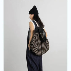 Vintage Nylon Bucket Striped Tote Bag Soft Shoulder Handbag Backpack