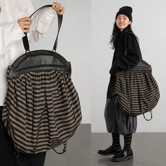 Vintage Nylon Bucket Striped Tote Bag Soft Shoulder Handbag Backpack