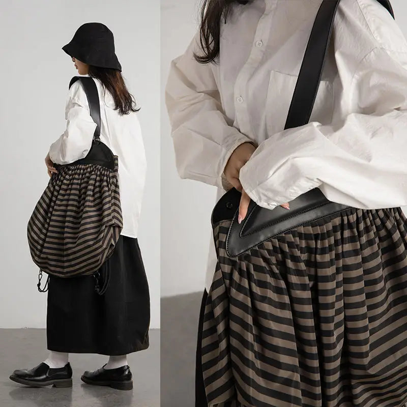 Vintage Nylon Bucket Striped Tote Bag Soft Shoulder Handbag Backpack