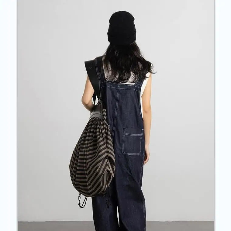 Vintage Nylon Bucket Striped Tote Bag Soft Shoulder Handbag Backpack