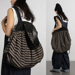 Vintage Nylon Bucket Striped Tote Bag Soft Shoulder Handbag Backpack