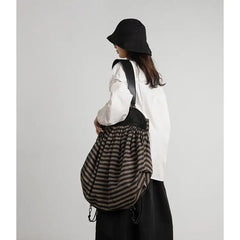 Vintage Nylon Bucket Striped Tote Bag Soft Shoulder Handbag Backpack