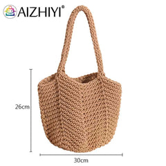 Vintage Knitting Handbags Soft Solid Portable Tote Bags for Ladies