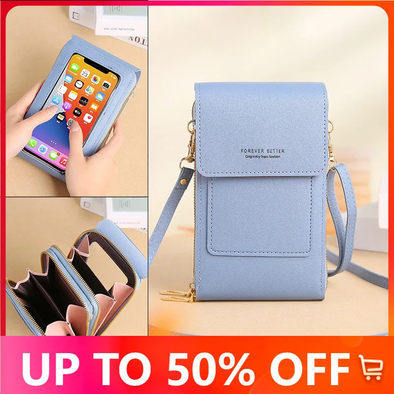 Women Touch Screen Mobile Phone Bag Multifunction Anti-theft Brush Female Purse