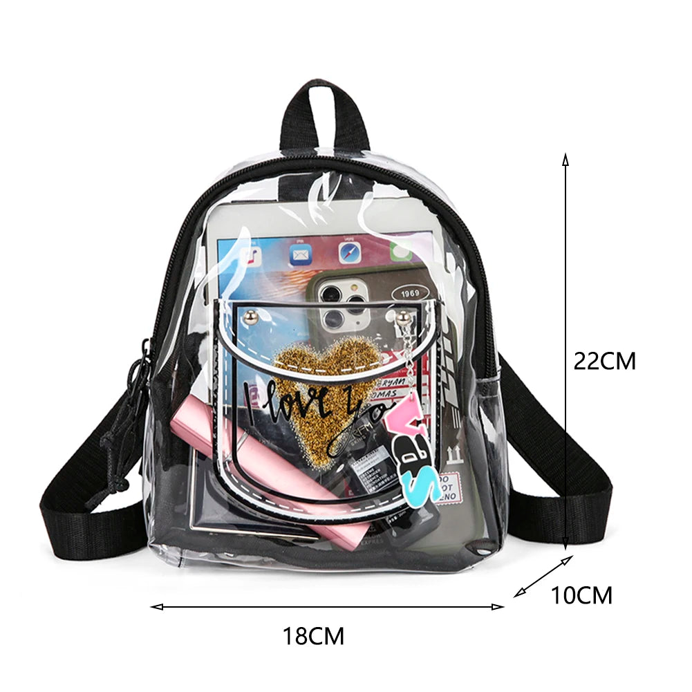 Women Transparent Backpack Love Print PVC Waterproof Clear Travel Shoulder