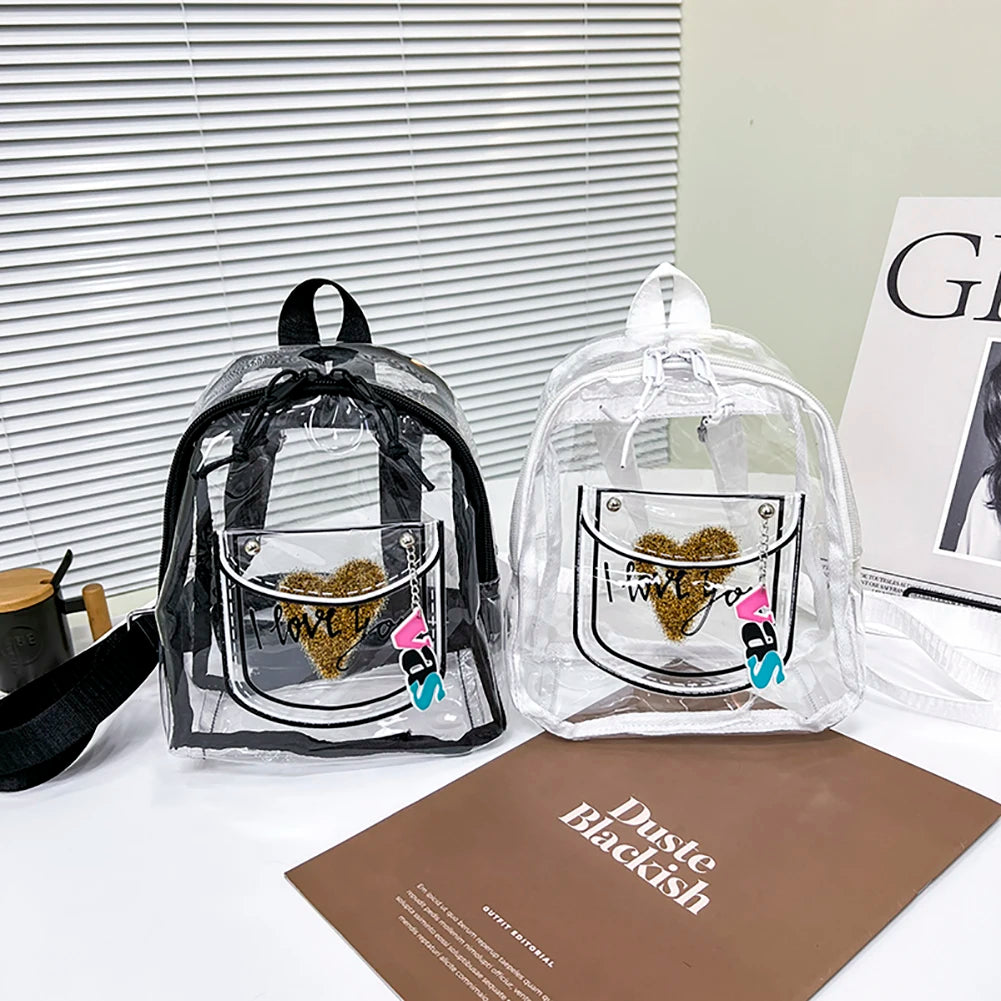 Women Transparent Backpack Letter Love Print PVC Waterproof Bag