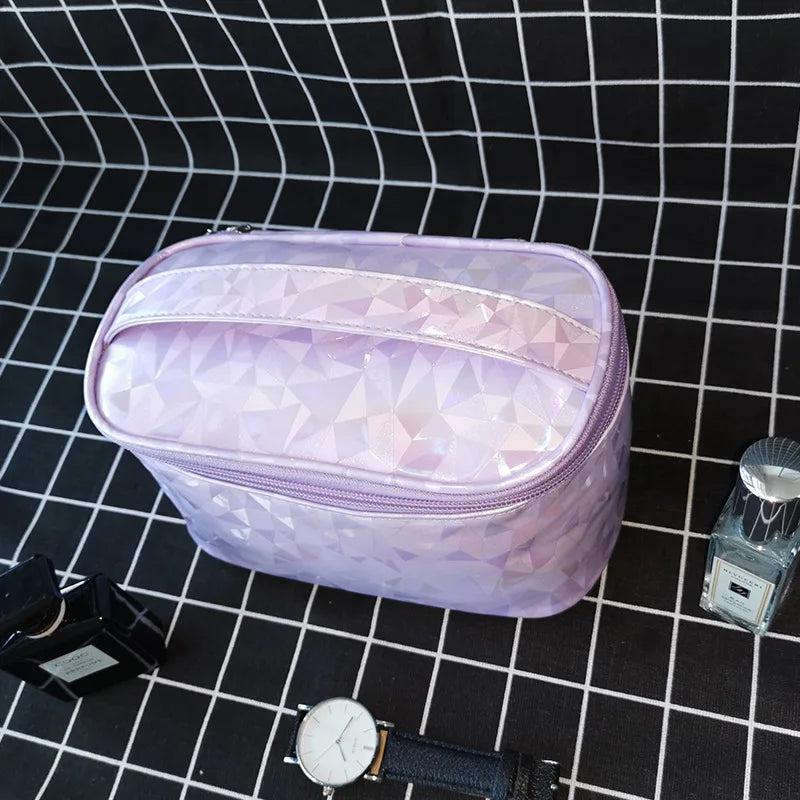 Women Travel Cosmetic Bag Organizer Diamond Lattice Zipper Storage Makeup Case