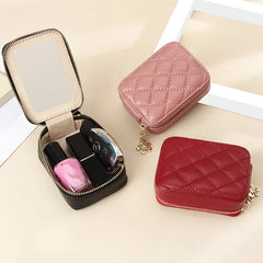 Women Travel Leather Lipstick Bag With Mirror Mini Portable Makeup Storage