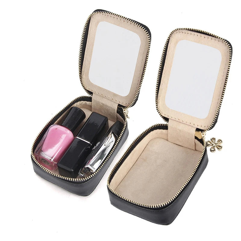 Women Travel Leather Lipstick Bag With Mirror Mini Portable Makeup Storage