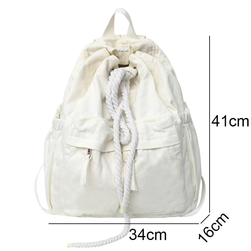 Women Canvas Vintage Drawstring Book Bag Brown College Backpack