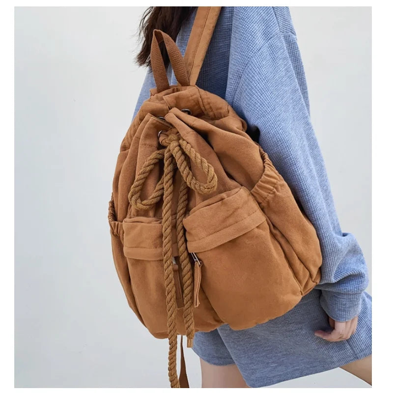Women Canvas Vintage Drawstring Book Bag Brown College Backpack