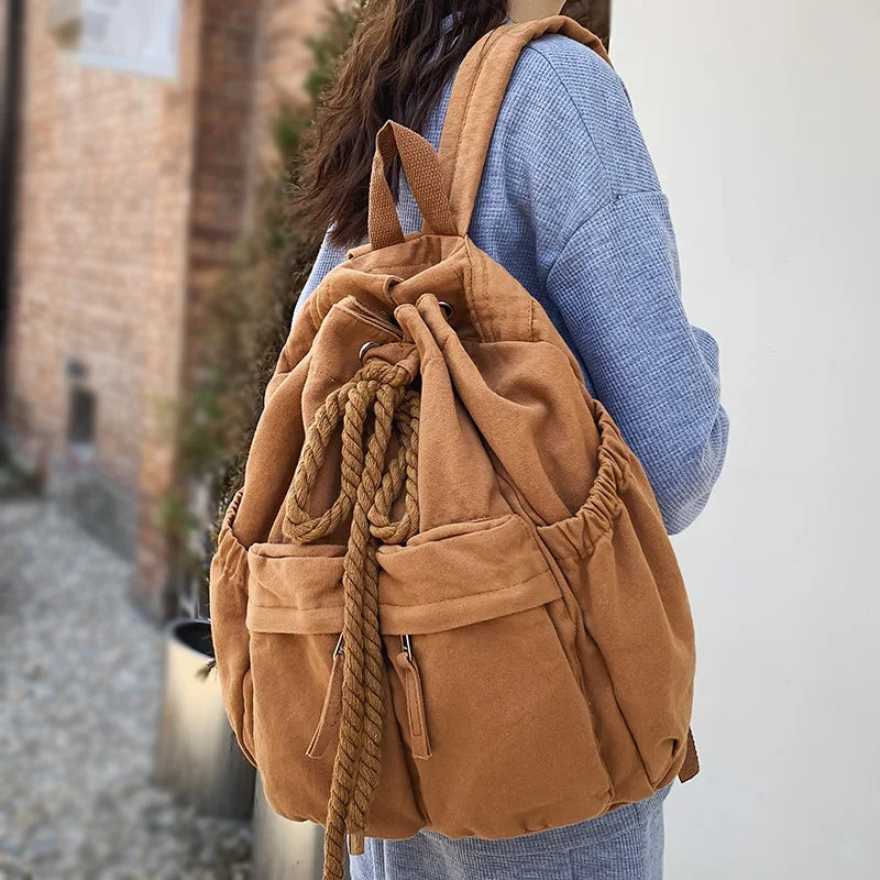 Women Canvas Vintage Drawstring Book Bag Brown College Backpack