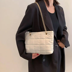 Women Lingge Shoulder Bag Down Cotton Padded Quilted Tote Chain Handbag