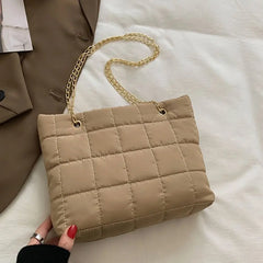 Women Lingge Shoulder Bag Down Cotton Padded Quilted Tote Chain Handbag