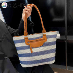 Women Underarm Bag Large Capacity Knit Handbag Striped Zipper Soft