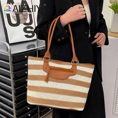Women Underarm Bag Large Capacity Knit Handbag Striped Zipper Soft