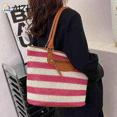 Women Underarm Bag Large Capacity Knit Handbag Striped Zipper Soft