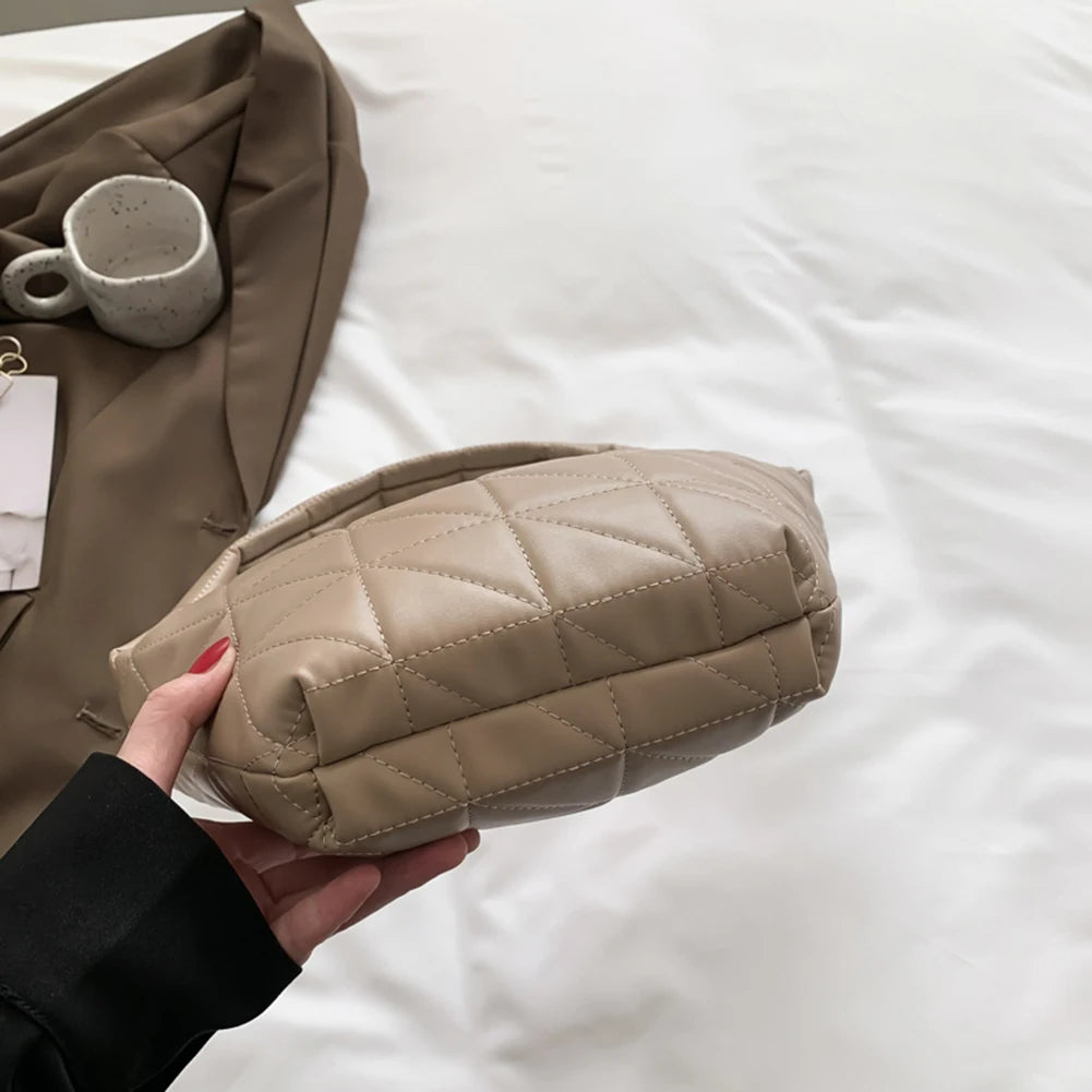 Women Underarm Bag Quilted Rhombus Pattern Solid PU Leather Shoulder Bag