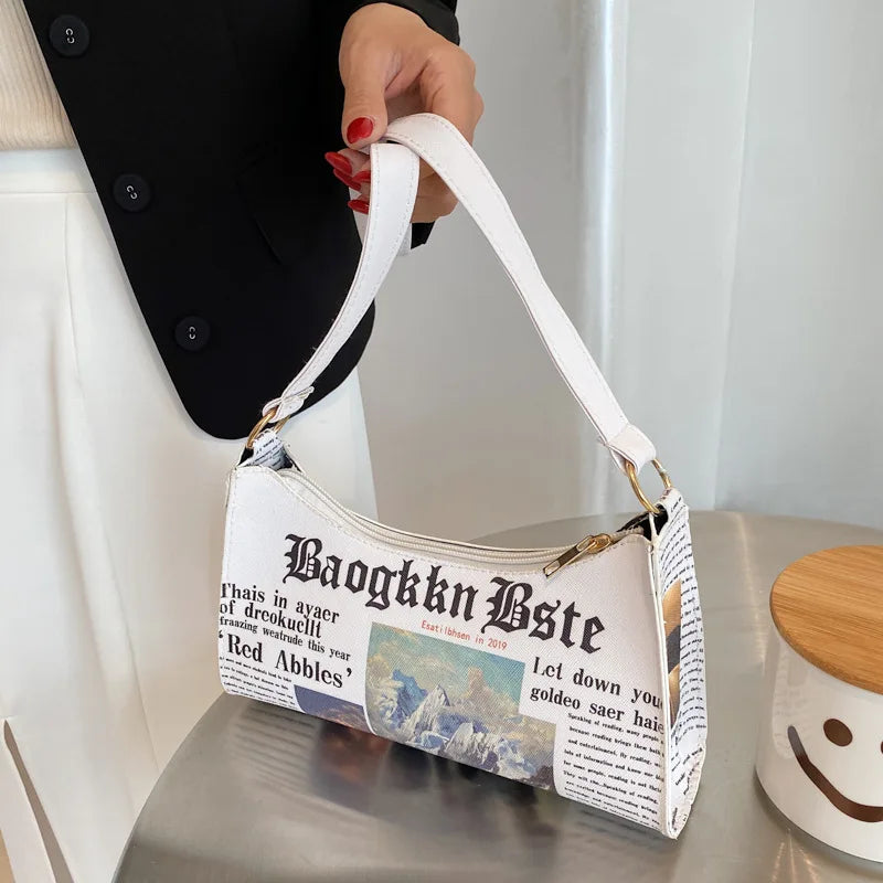 Women PU Leather Messenger Bag Creative Newspaper Letter Printing Shoulder Bag