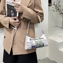 Women PU Leather Messenger Bag Creative Newspaper Letter Printing Shoulder Bag