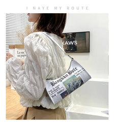 Women PU Leather Messenger Bag Creative Newspaper Letter Printing Shoulder Bag
