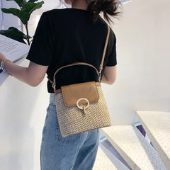 Vintage Beach Bucket Straw Shoulder Bag Summer Handbag Totes