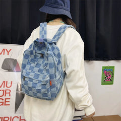 Vintage Checker Plaid Denim School Laptop Backpack