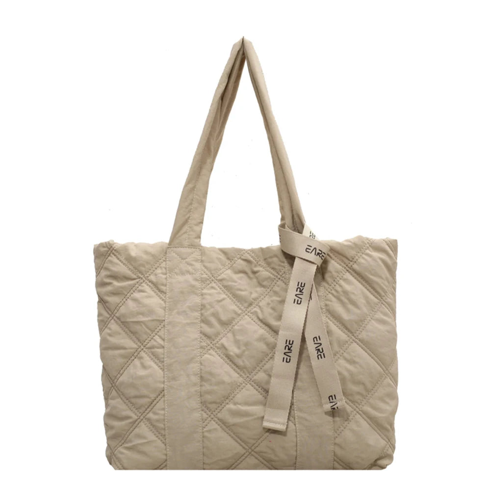 Vintage Checkered Pattern Shoulder Tote Bag with Ribbon All-match Nylon Handbag