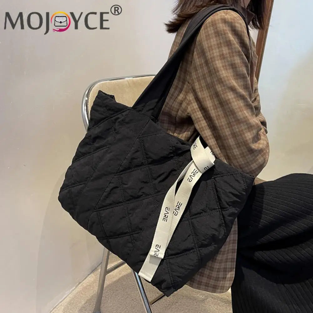 Vintage Checkered Pattern Shoulder Tote Bag with Ribbon All-match Nylon Handbag