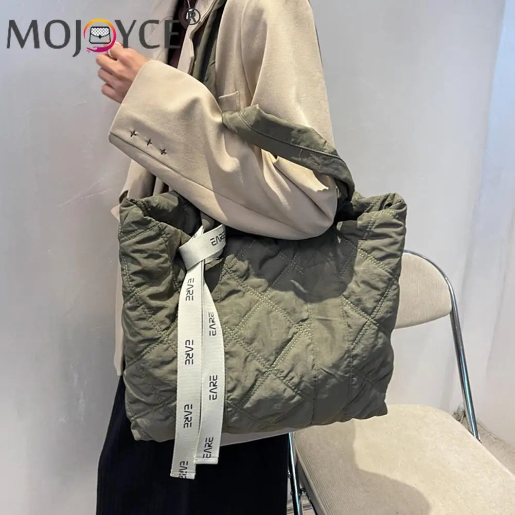 Vintage Checkered Pattern Shoulder Tote Bag with Ribbon All-match Nylon Handbag