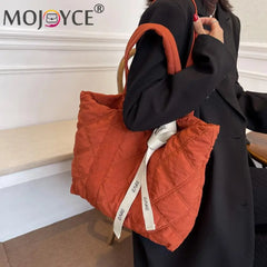 Vintage Checkered Pattern Shoulder Tote Bag with Ribbon All-match Nylon Handbag