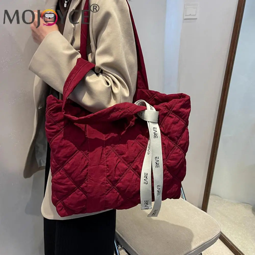 Vintage Checkered Pattern Shoulder Tote Bag with Ribbon All-match Nylon Handbag