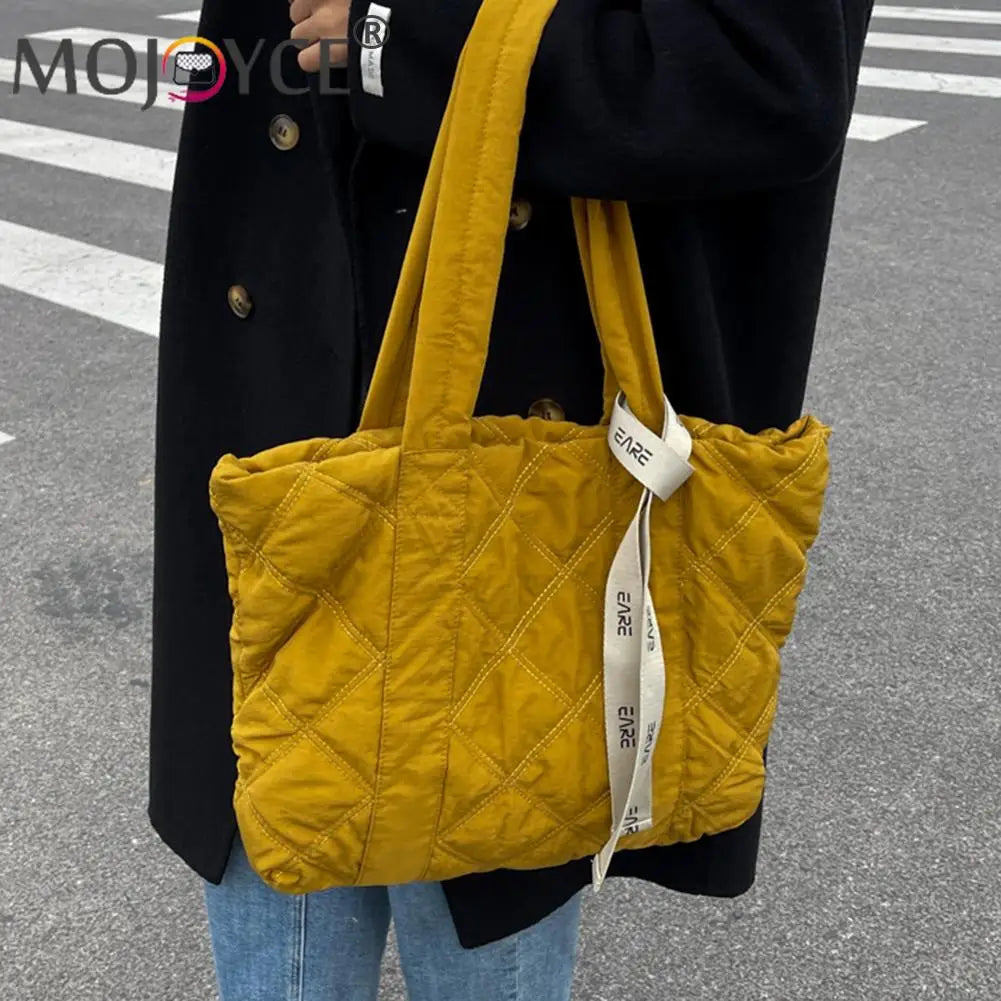 Vintage Checkered Pattern Shoulder Tote Bag with Ribbon All-match Nylon Handbag