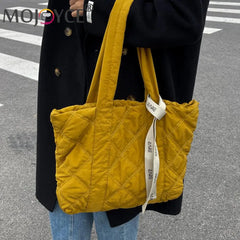 Vintage Checkered Pattern Shoulder Tote Bag with Ribbon All-match Nylon Handbag