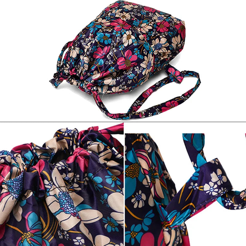Vintage Drawstring Backpack Flower Ethnic Style Waterproof Nylon Rucksack