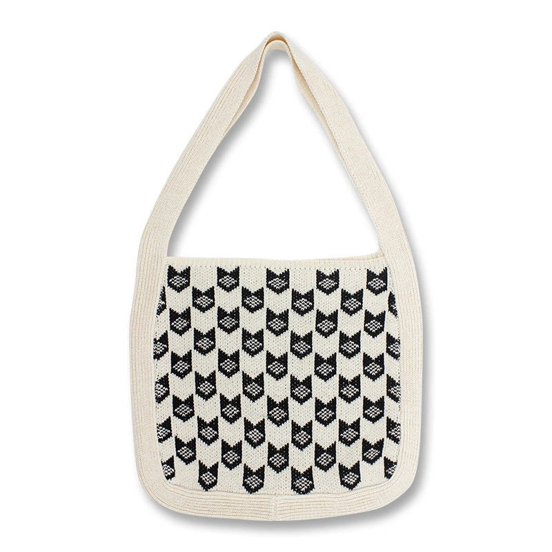Vintage Plaid Geometric Slouchy Side Bag Soft Knitted Casual Shopping Bag