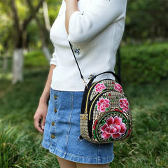 Vintage Mini Backpack Embroidered Flower Zipper Travel Shoulder Bag