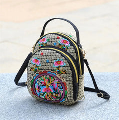 Vintage Mini Backpack Embroidered Flower Zipper Travel Shoulder Bag