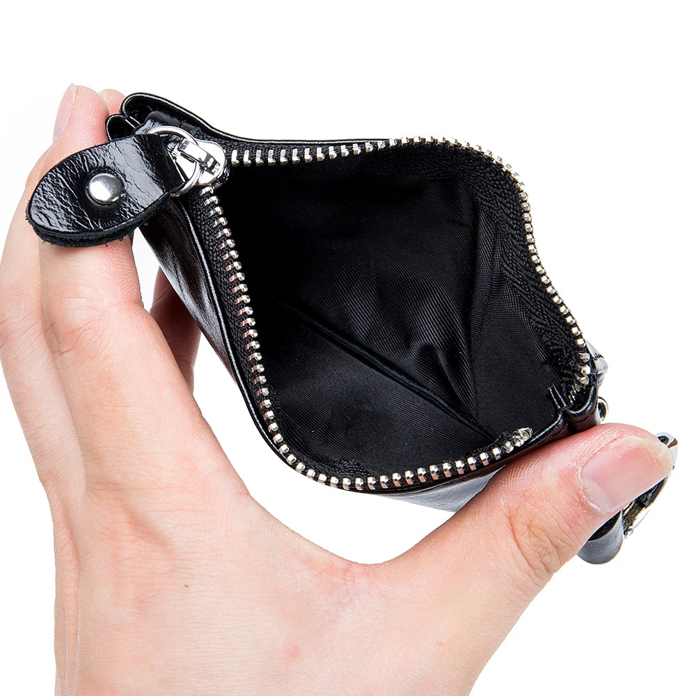 Vintage Oil Wax Cow Leather Key Wallet With Key Hooks Zipper Coin Pocket