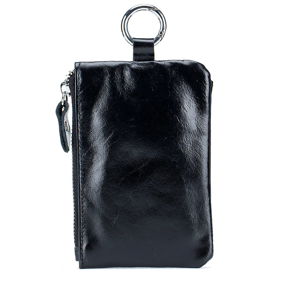 Vintage Oil Wax Cow Leather Key Wallet With Key Hooks Zipper Coin Pocket