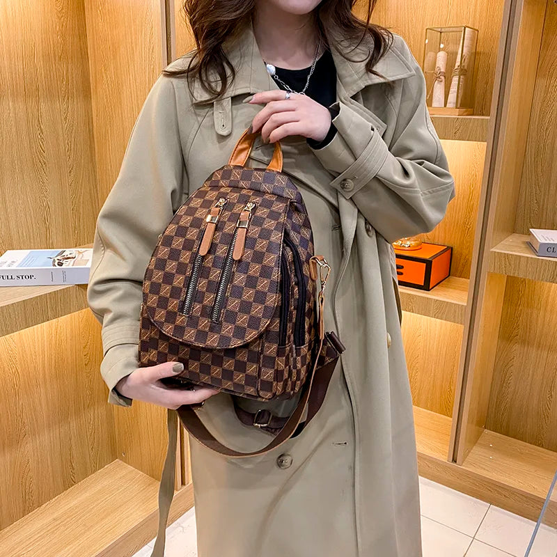 Vintage Style Leather Backpack Plaid Shoulder Bag for Women
