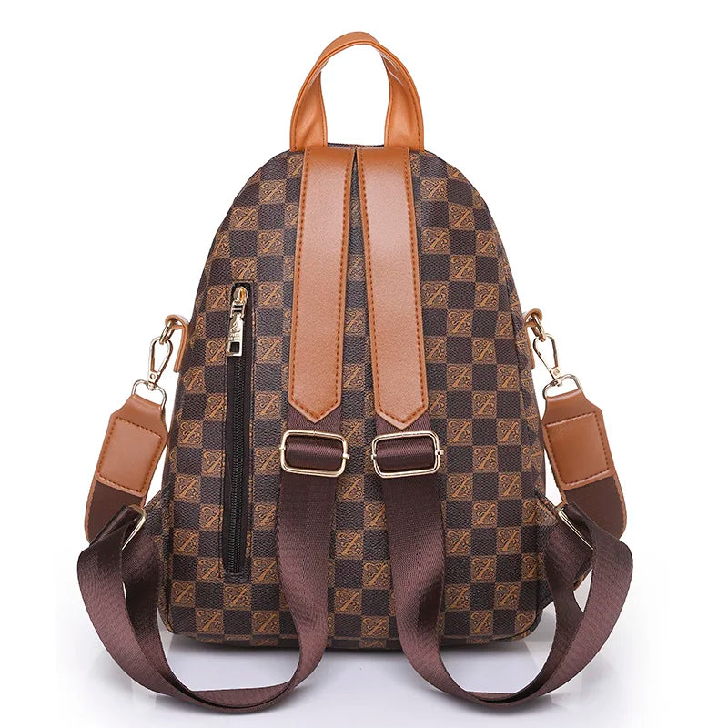 Vintage Style Leather Backpack Plaid Shoulder Bag for Women