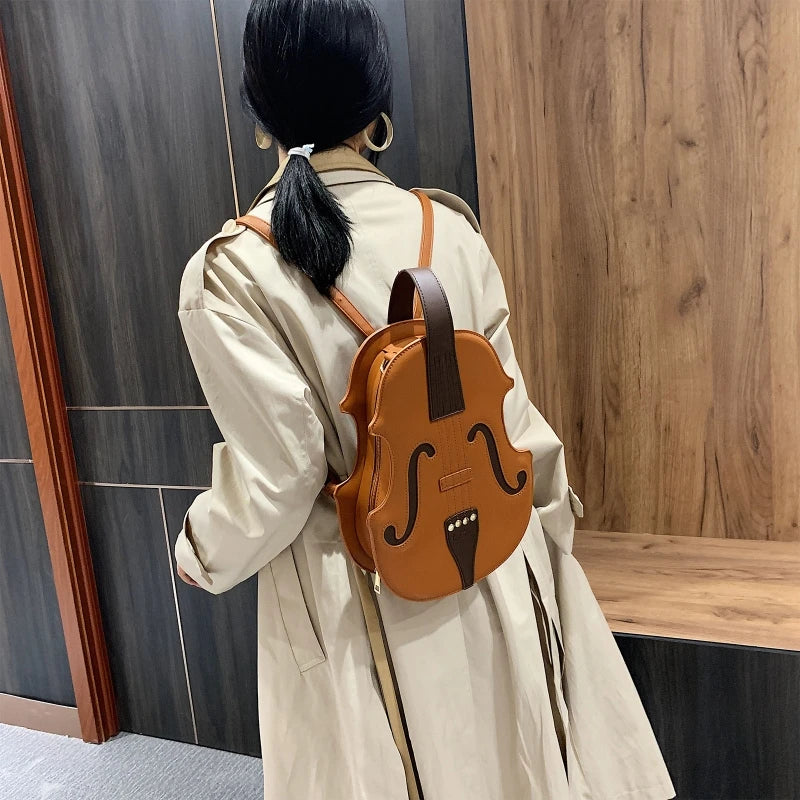 Women Violin Shape Leather Backpack Handbag Rucksack